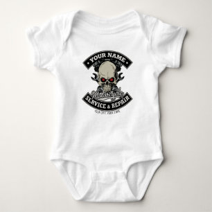 Custom NAME Biker Mechanic Skull Motorcycle Garage Baby Bodysuit