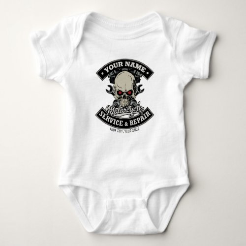 Custom NAME Biker Mechanic Skull Motorcycle Garage Baby Bodysuit