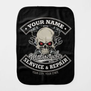 Custom NAME Biker Mechanic Skull Motorcycle Garage Baby Burp Cloth