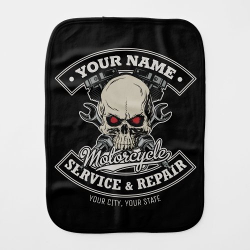Custom NAME Biker Mechanic Skull Motorcycle Garage Baby Burp Cloth