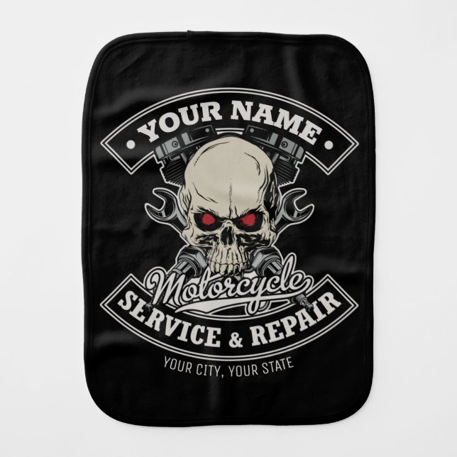 Custom NAME Biker Mechanic Skull Motorcycle Garage Baby Burp Cloth (Front)