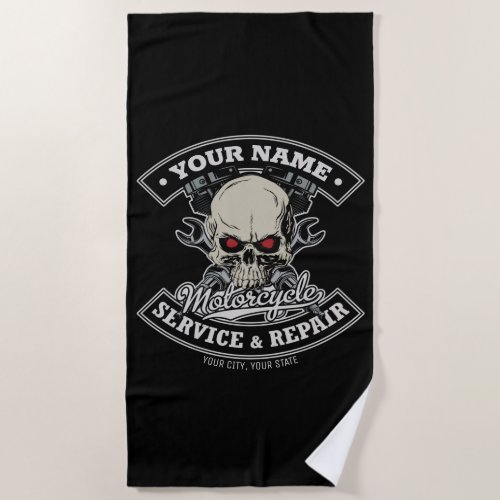 Custom NAME Biker Mechanic Skull Motorcycle Garage Beach Towel