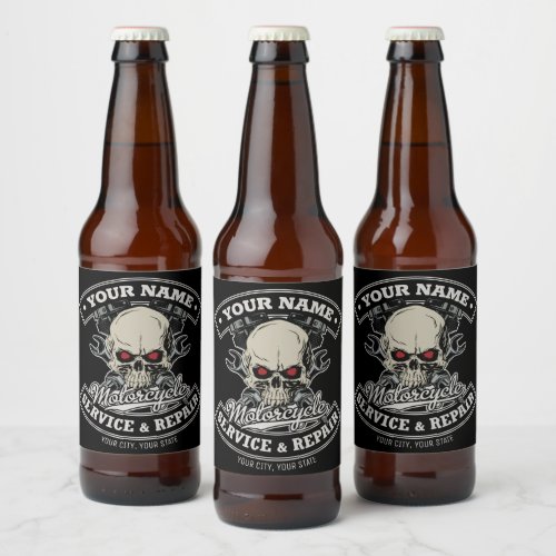Custom NAME Biker Mechanic Skull Motorcycle Garage Beer Bottle Label
