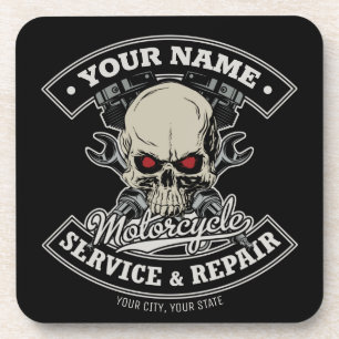 Custom NAME Biker Mechanic Skull Motorcycle Garage Beverage Coaster