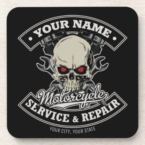 Custom NAME Biker Mechanic Skull Motorcycle Garage Beverage Coaster