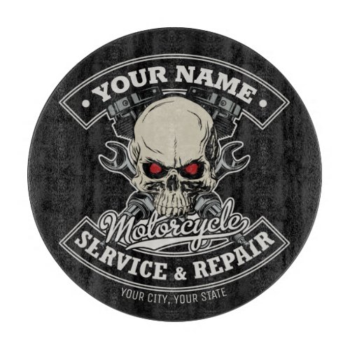 Custom NAME Biker Mechanic Skull Motorcycle Garage Cutting Board