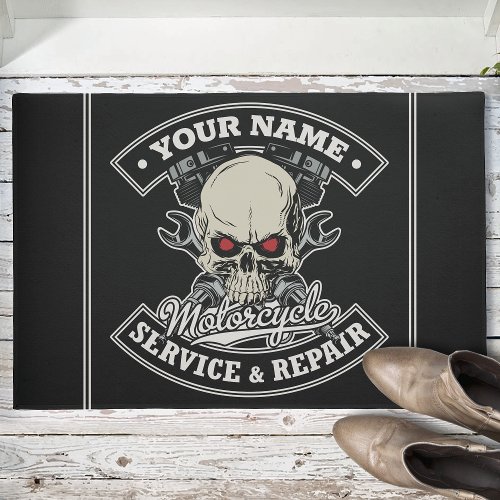Custom NAME Biker Mechanic Skull Motorcycle Garage Doormat