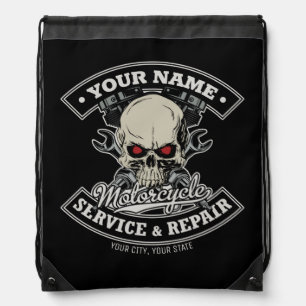 Custom NAME Biker Mechanic Skull Motorcycle Garage Drawstring Bag