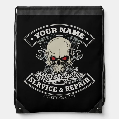 Custom NAME Biker Mechanic Skull Motorcycle Garage Drawstring Bag
