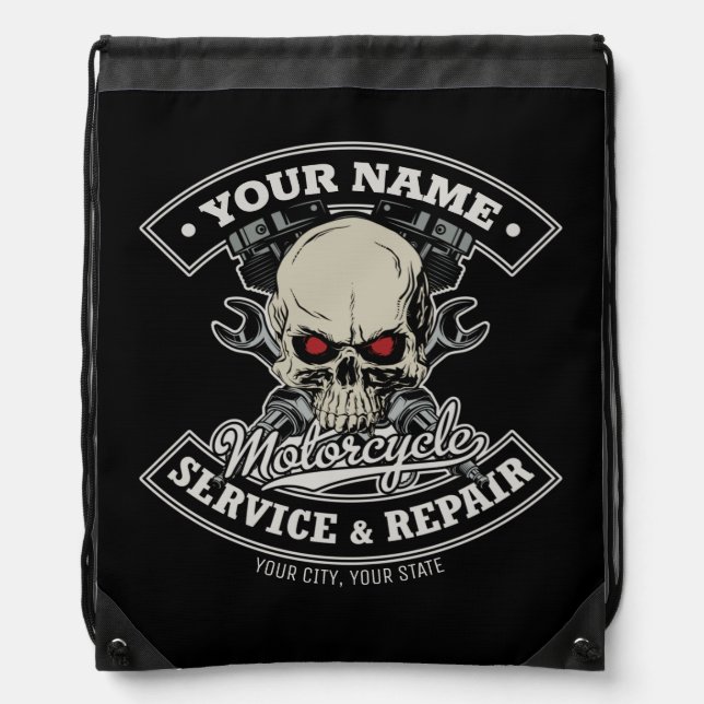 Custom NAME Biker Mechanic Skull Motorcycle Garage Drawstring Bag (Front)
