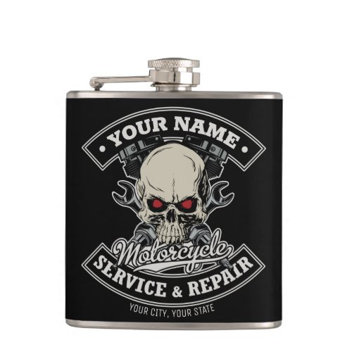 Custom NAME Biker Mechanic Skull Motorcycle Garage Flask