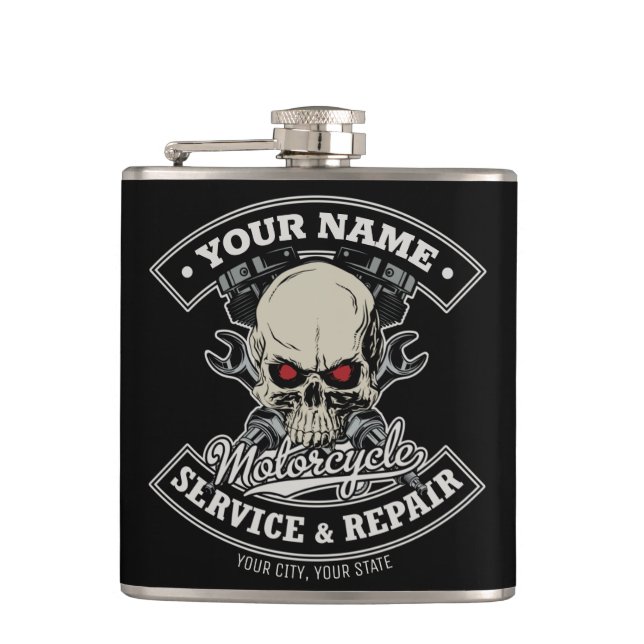Custom NAME Biker Mechanic Skull Motorcycle Garage Flask (Front)