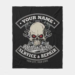 Custom NAME Biker Mechanic Skull Motorcycle Garage Fleece Blanket