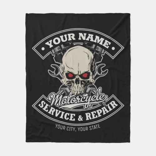 Custom NAME Biker Mechanic Skull Motorcycle Garage Fleece Blanket