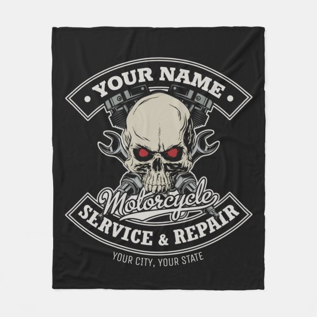 Custom NAME Biker Mechanic Skull Motorcycle Garage Fleece Blanket (Front)