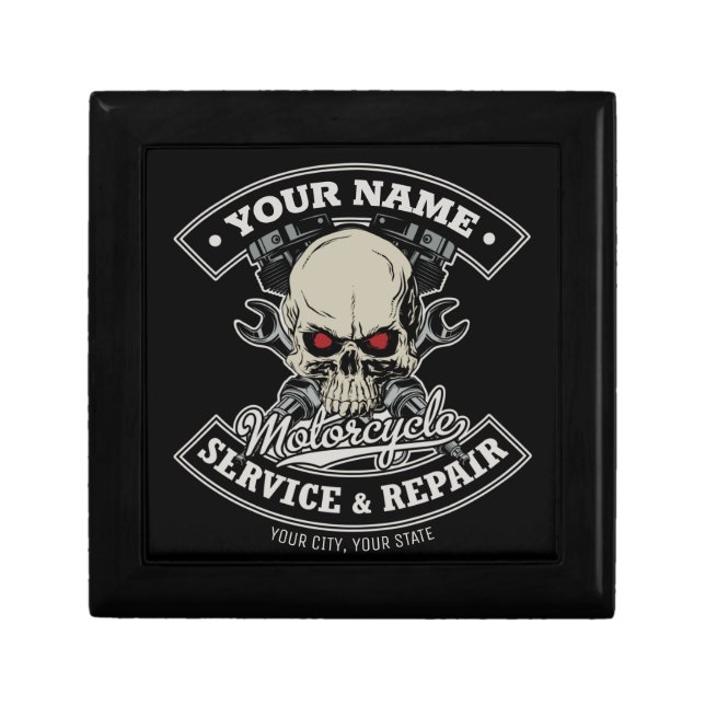 Custom NAME Biker Mechanic Skull Motorcycle Garage Gift Box (Front)