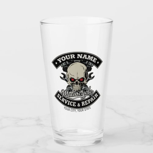 Custom NAME Biker Mechanic Skull Motorcycle Garage Glass