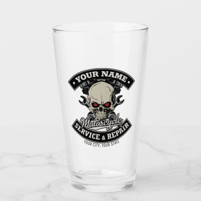 Custom NAME Biker Mechanic Skull Motorcycle Garage Glass (Front)