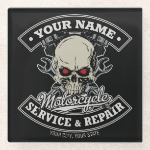 Custom NAME Biker Mechanic Skull Motorcycle Garage Glass Coaster