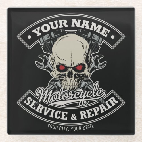 Custom NAME Biker Mechanic Skull Motorcycle Garage Glass Coaster