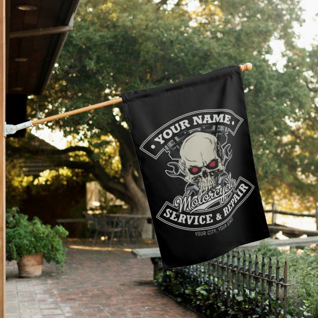 Custom NAME Biker Mechanic Skull Motorcycle Garage House Flag (In SItu)