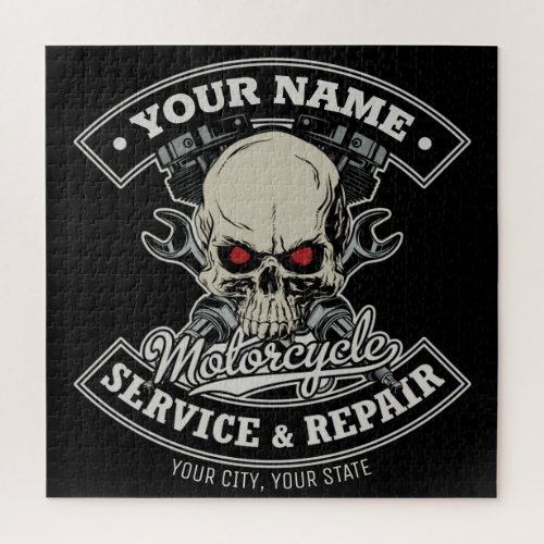 Custom NAME Biker Mechanic Skull Motorcycle Garage Jigsaw Puzzle