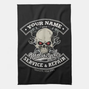 Custom NAME Biker Mechanic Skull Motorcycle Garage Kitchen Towel