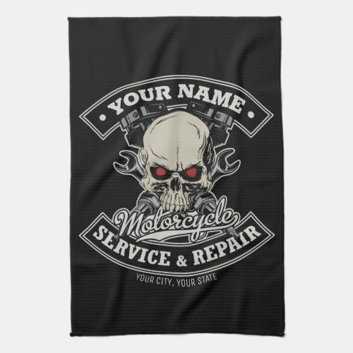 Custom NAME Biker Mechanic Skull Motorcycle Garage Kitchen Towel