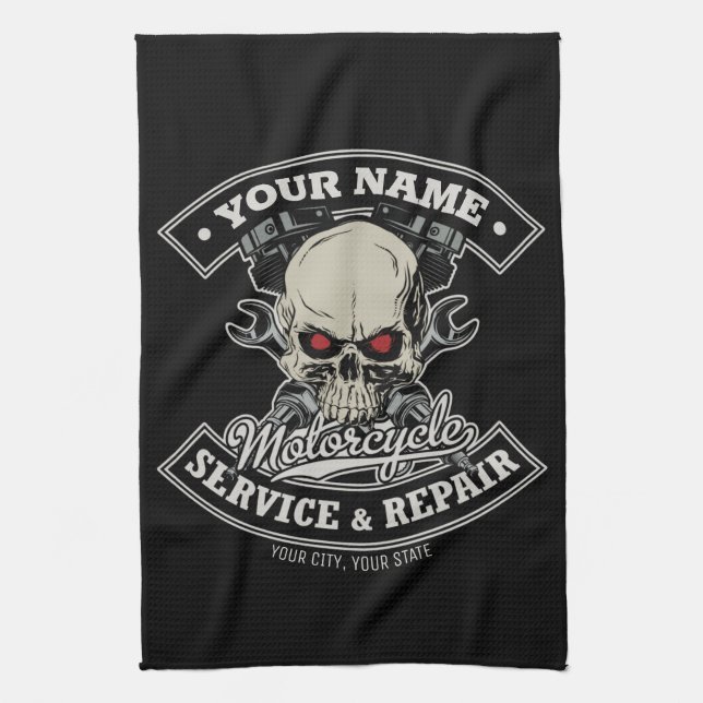 Custom NAME Biker Mechanic Skull Motorcycle Garage Kitchen Towel (Vertical)