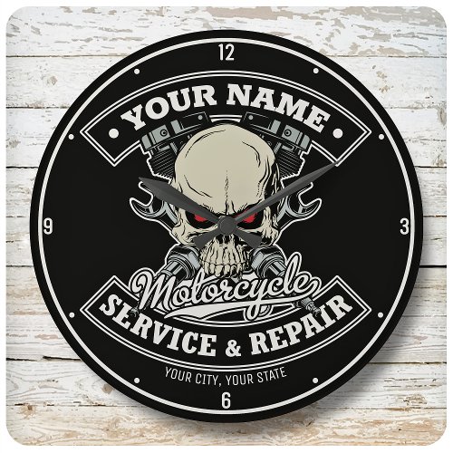 Custom NAME Biker Mechanic Skull Motorcycle Garage Large Clock