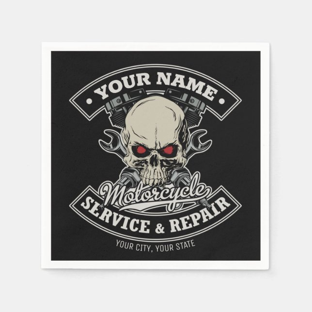 Custom NAME Biker Mechanic Skull Motorcycle Garage Napkins (Front)