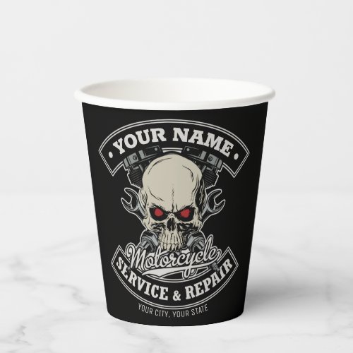 Custom NAME Biker Mechanic Skull Motorcycle Garage Paper Cups