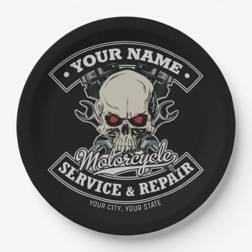 Custom NAME Biker Mechanic Skull Motorcycle Garage Paper Plates