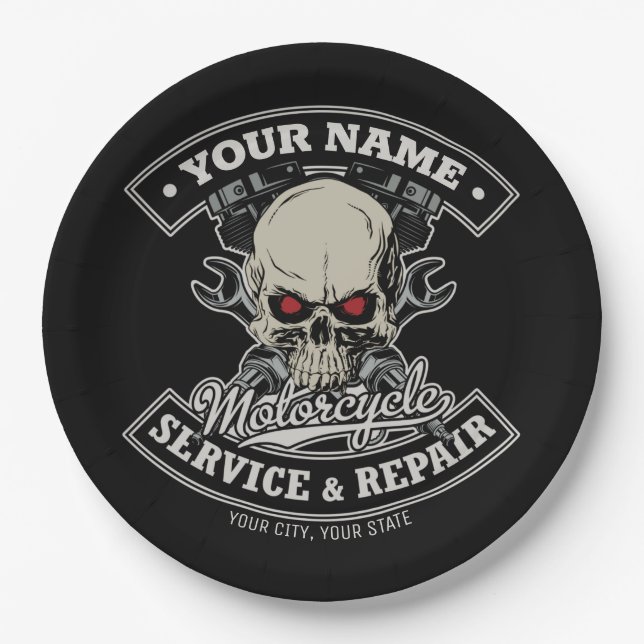 Custom NAME Biker Mechanic Skull Motorcycle Garage Paper Plates (Front)