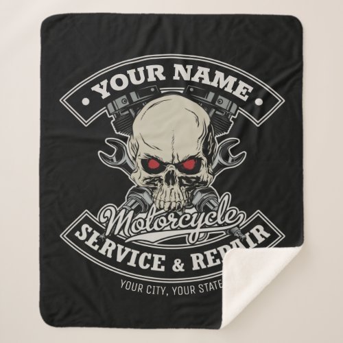 Custom NAME Biker Mechanic Skull Motorcycle Garage Sherpa Blanket