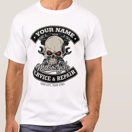 Custom NAME Biker Mechanic Skull Motorcycle Garage T_Shirt