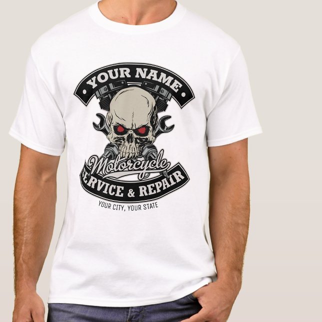 Custom NAME Biker Mechanic Skull Motorcycle Garage T-Shirt (Creator Uploaded)