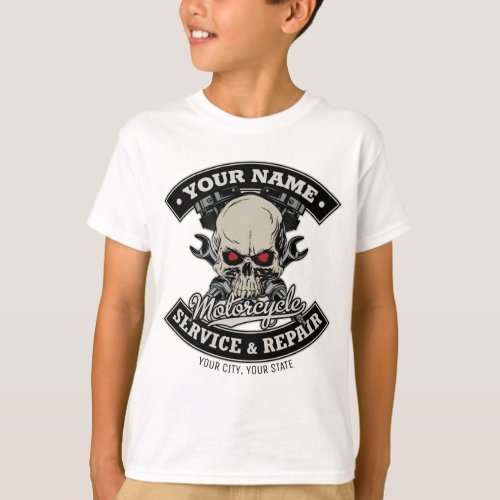 Custom NAME Biker Mechanic Skull Motorcycle Garage T_Shirt