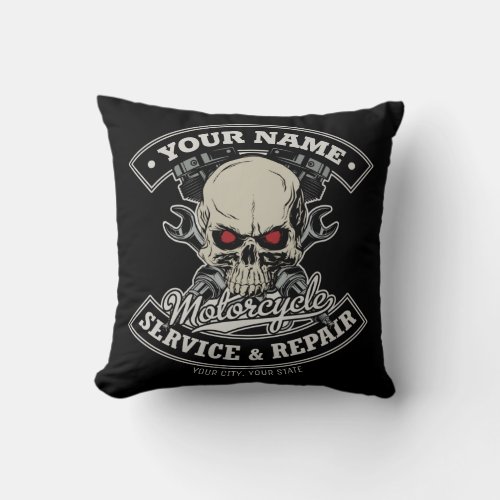Custom NAME Biker Mechanic Skull Motorcycle Garage Throw Pillow