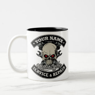 Custom NAME Biker Mechanic Skull Motorcycle Garage Two-Tone Coffee Mug