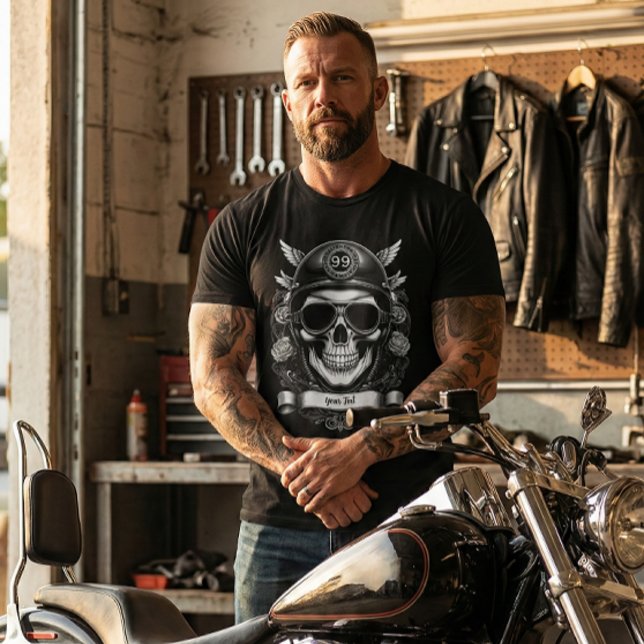 Custom Name Biker Skull Retro Motorcycle T-Shirt (Creator Uploaded)