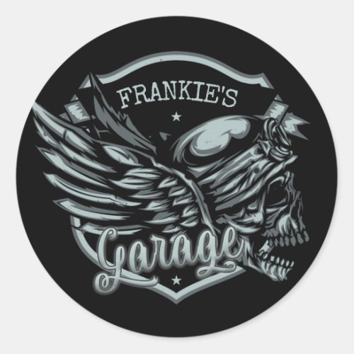 Custom NAME Biker Skull Wings Motorcycle Garage Classic Round Sticker