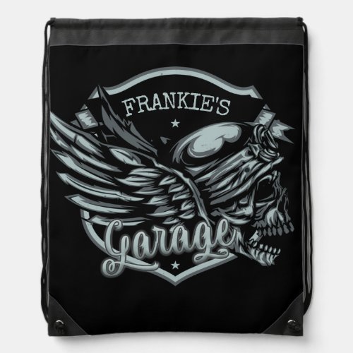 Custom NAME Biker Skull Wings Motorcycle Garage Drawstring Bag