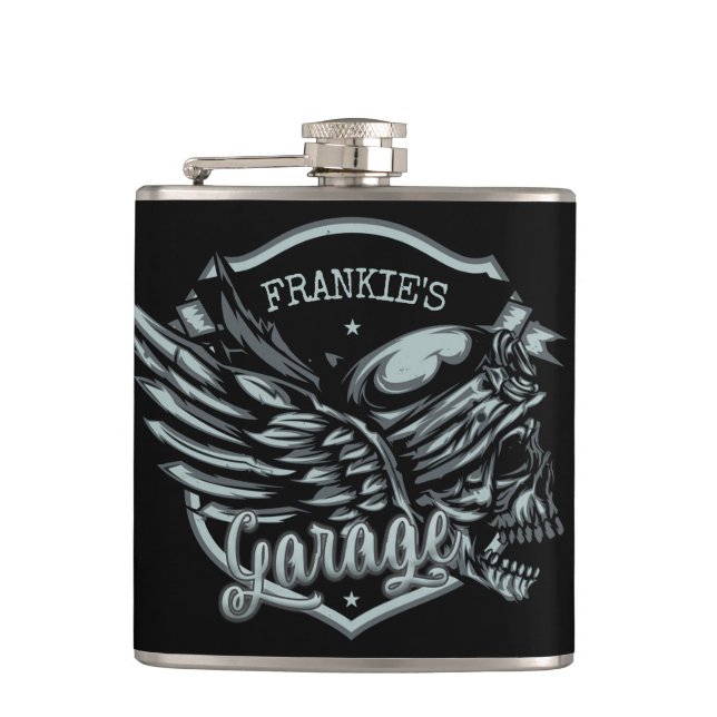 Custom NAME Biker Skull Wings Motorcycle Garage Flask (Front)