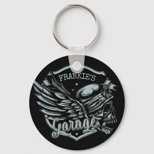 Custom NAME Biker Skull Wings Motorcycle Garage Keychain