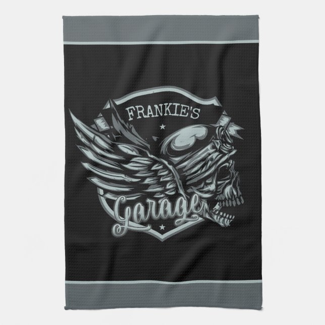 Custom NAME Biker Skull Wings Motorcycle Garage Kitchen Towel (Vertical)