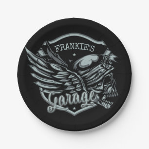 Custom NAME Biker Skull Wings Motorcycle Garage Paper Plates