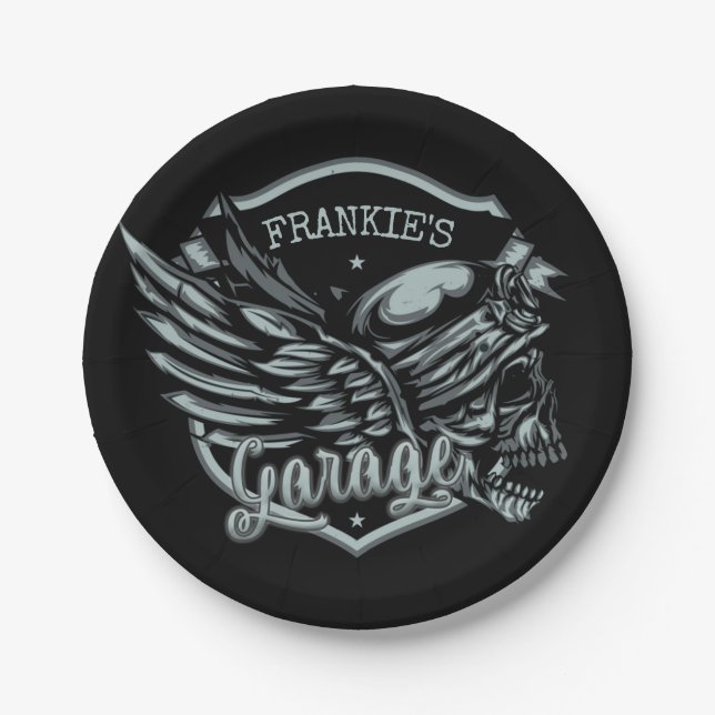 Custom NAME Biker Skull Wings Motorcycle Garage Paper Plates (Front)