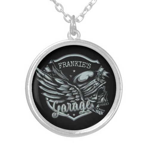 Custom NAME Biker Skull Wings Motorcycle Garage Silver Plated Necklace