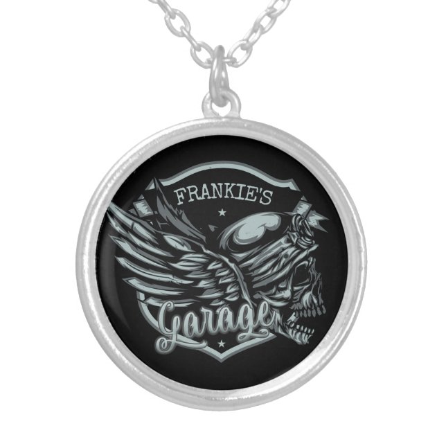 Custom NAME Biker Skull Wings Motorcycle Garage Silver Plated Necklace (Front)